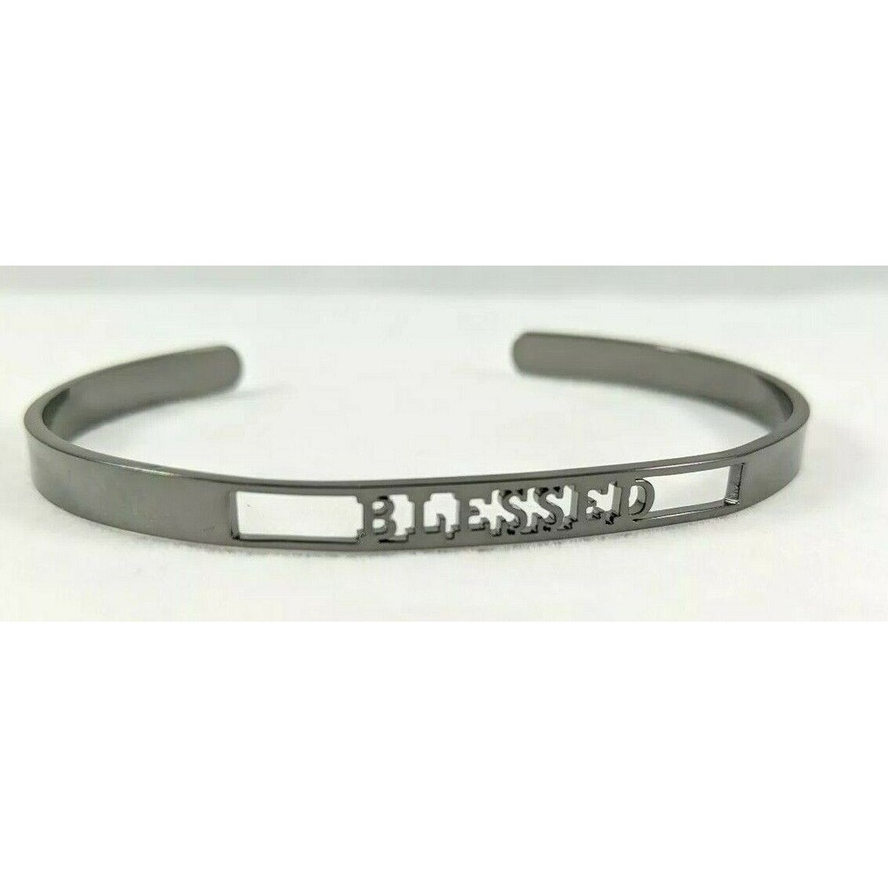 Blessed Cut Out Cuff Bracelet Bangle‎ Gunmetal Gray Inspirational Faith Jewelry
